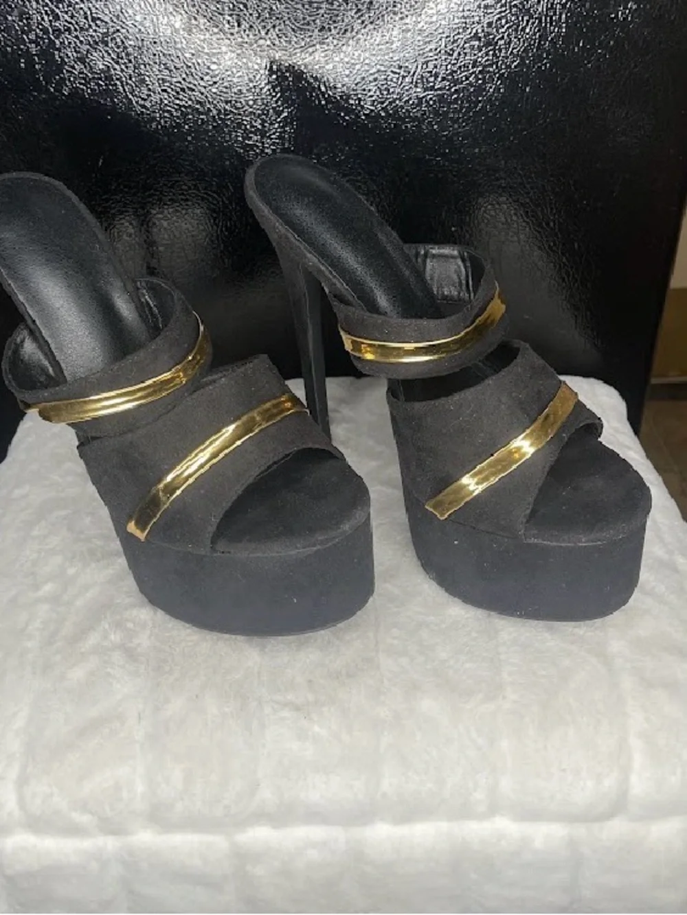 Black Platform High Heel Mules with Gold Trim